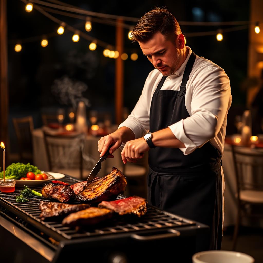 Churrasqueiro profissional preparando carnes em evento corporativo no Brooklin, São Paulo